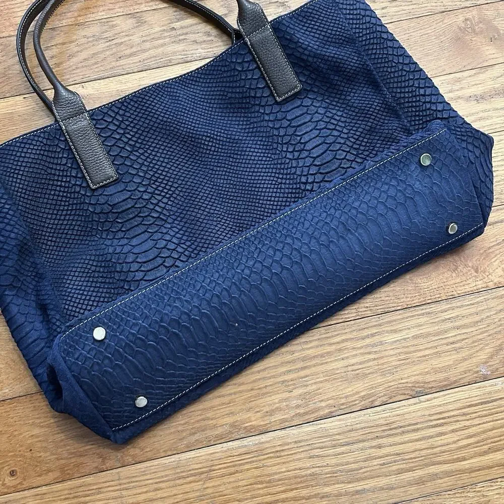 J McLaughlin Blue Suede Leather Snake Skin Texture Tote Shoulder Bag